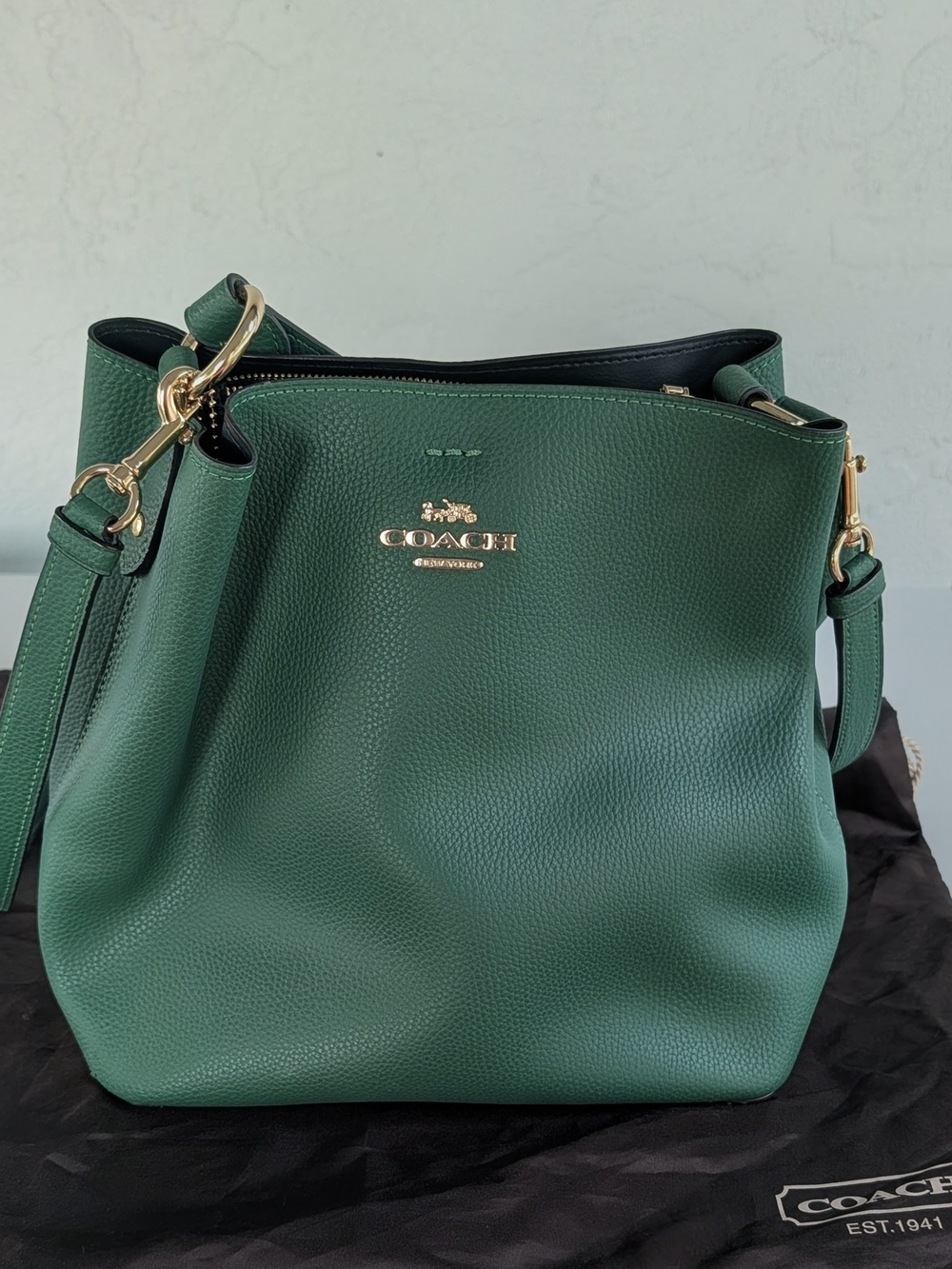 Coach Green Pebbled Leather Bucket Shoulder Bag with Gold Hardware